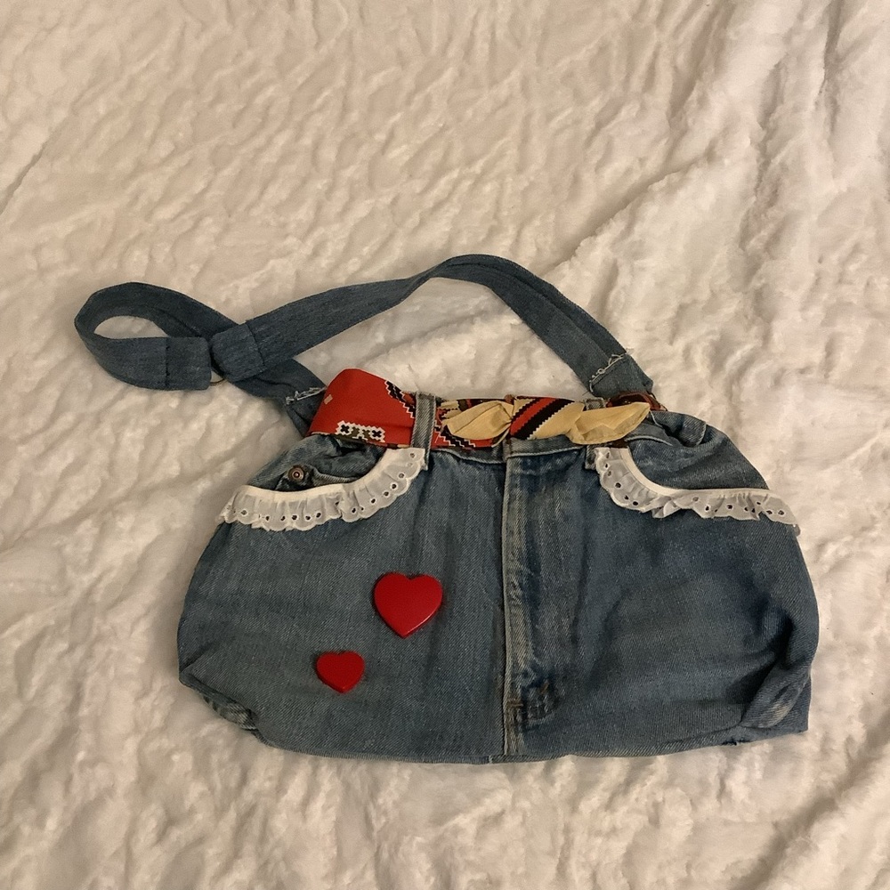 Chic Upcycled Denim Blue Jean HandBag Purse Tote Wooden Hearts & Bandana